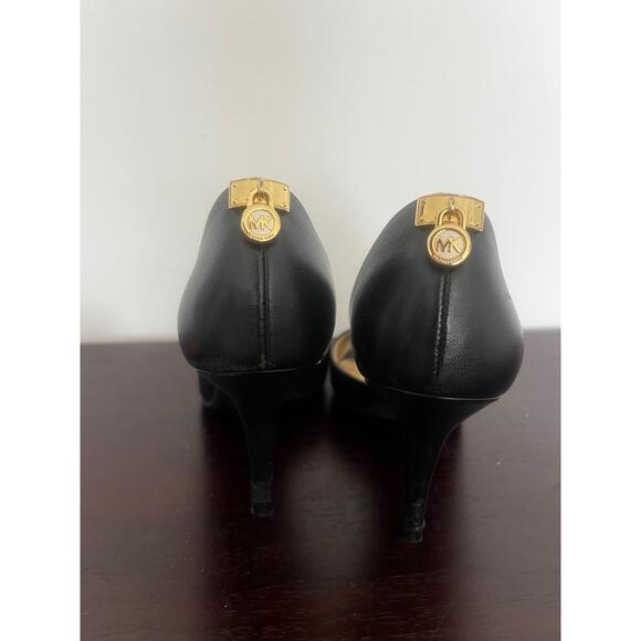 Michael Kors Hamilton Womens 7M Black Peep Toe D'Orsay Stiletto Gold Hardware El - Picture 1 of 6